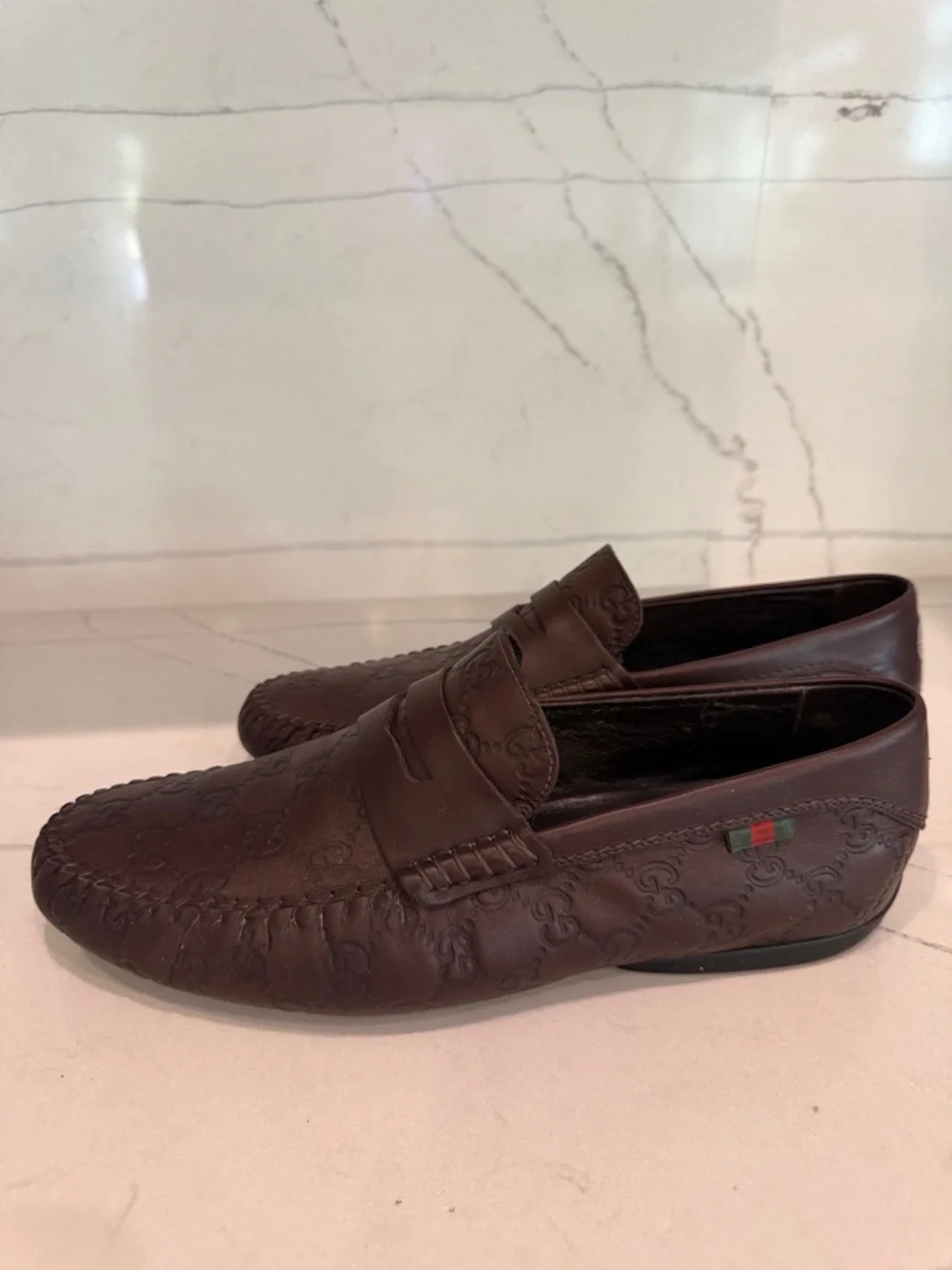 Gucci Brown Embossed GG Leather Penny Loafers - Picture 4 of 12